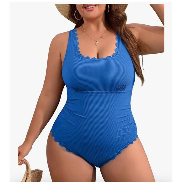 Charmo Plus Size Swimsuit Tummy Control Scalloped Ribbed One Piece blue size 4X - Picture 1 of 14